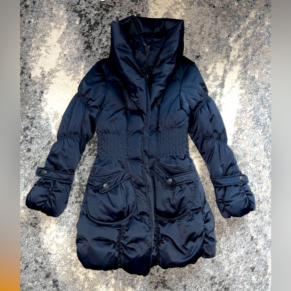 Like NEW Authentic worn once HAPPY GOAT LUCKY knee length coat navy blue Sz S